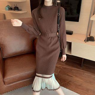 Pleated-hem Midi Knit Dress With Belt Brown - One Size
