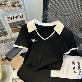 V-neck Polo Collar Contrast Trim Top