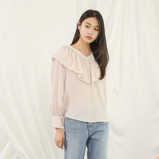 V-neck Frilled-collar Top Light Beige - One Size