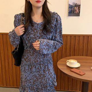 Long-sleeve Floral Print Dip-back Midi A-line Dress