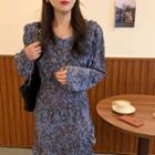 Long-sleeve Floral Print Dip-back Midi A-line Dress