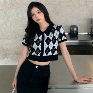 Polo-collar Argyle Crop Knit Top Black - One Size