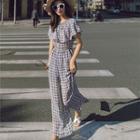 Elbow-sleeve Plaid Jumpsuit