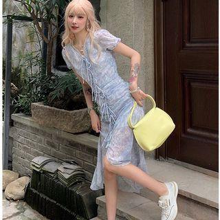Puff-sleeve Lace-up Midi Sheath Dress