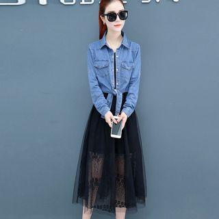 Set: Long-sleeve Denim Shirt + Spaghetti Strap Midi Mesh Dress