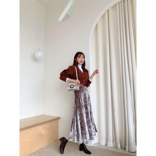 Band-waist Flared Maxi Velvet Skirt