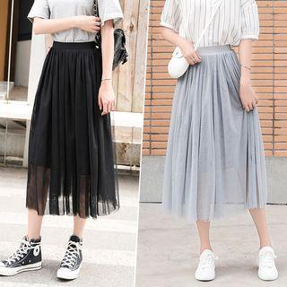 Mesh Accordion Pleat A-line Maxi Skirt