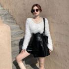 Chain-accent Fuzzy Sweatshirt / Irregular Faux Leather Mini Skirt