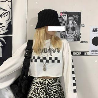 Checker Print Cropped Sweatshirt