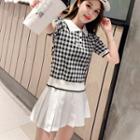 Short-sleeve Gingham Knit Cropped Polo Shirt