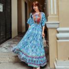 Elbow-sleeve Embroidered Printed A-line Maxi Dress