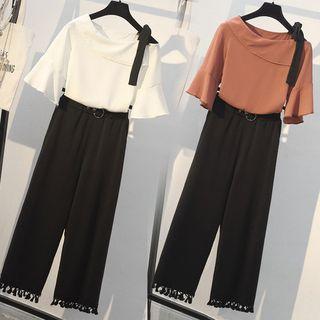 Set: Cold Shoulder Top + Tasseled Wide Leg Pants