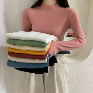 Long-sleeve Plain Semi High-neck Sweater