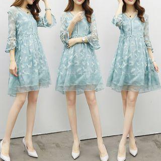 Feather 3/4-sleeve A-line Chiffon Dress