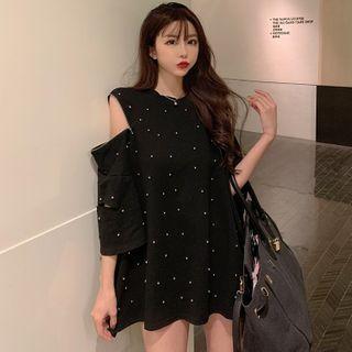 Zipper-shoulder Studded Loose T-shirt Black - One Size