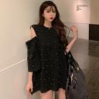 Zipper-shoulder Studded Loose T-shirt Black - One Size