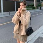 Faux Shearling Jacket / Turtleneck Long-sleeve Top / A-line Mini Skirt