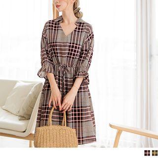 3/4-sleeve Check Chiffon Dress
