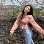 Puff-sleeve Tie Dye Shirred Blouse As Shown In Figure - One Size