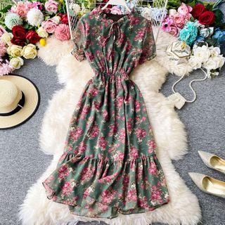 Floral Print Tie-neck Short-sleeve Chiffon Dress
