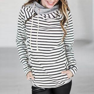 Zip Detail Striped Hooded Pullover
