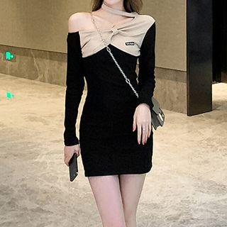 Long-sleeve One-shoulder Bow Accent Mini Sheath Dress
