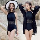 Set: Lace Panel Halter Swimsuit + Beach Cover-up