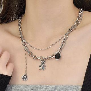 Bear Smiley Pendant Layered Alloy Necklace Silver - One Size