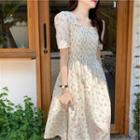 Short-sleeve Floral Print Midi A-line Dress Beige - One Size