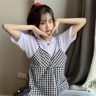 Mock Two Piece Plaid Panel Short-sleeve T-shirt