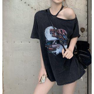 Elbow-sleeve Cold-shoulder Vintage T-shirt