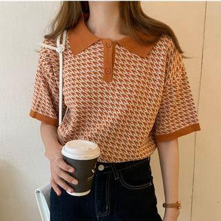 Houndstooth Short-sleeve Knit Polo Shirt