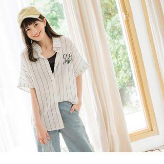 Letter Embroidered Striped Blouse