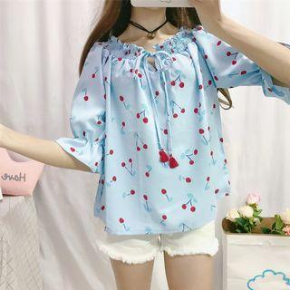 Elbow-sleeve Cherry Print Blouse