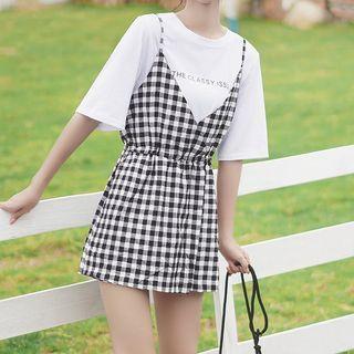 Lettering Short-sleeve T-shirt / Gingham Mini Pinafore Dress / Set