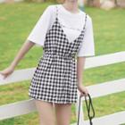 Lettering Short-sleeve T-shirt / Gingham Mini Pinafore Dress / Set