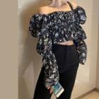 Square-neck Floral Puff-sleeve Top Black - One Size