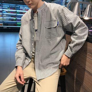 Stand Collar Striped Long-sleeve Shirt