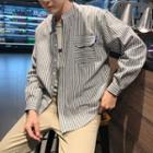 Stand Collar Striped Long-sleeve Shirt
