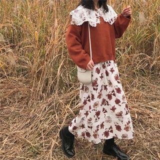 Lace Collar Floral Print Maxi A-line Dress As Shown In Figure - One Size
