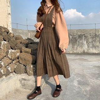 Plain Puff-sleeve Blouse / Plaid High-waist Jumper Dress