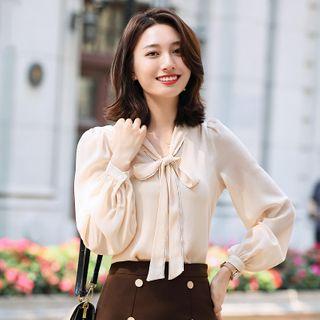 Tie-neck Blouse / Ruffled Hem Midi Pencil Skirt / Set