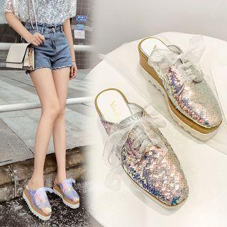 Lace Up Sequined Platform Mules