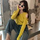 Cutout Shoulder Long-sleeve Knit Top Lemon Yellow - One Size