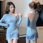 Off-shoulder Long-sleeve Top / Mini Sequined Sheath Skirt
