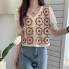 Short-sleeve Crochet Knit Panel Cardigan