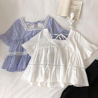 Eyelet Lace Panel Square-neck Lace-up Short-sleeve Blouse