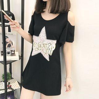 Sequined Shoulder-cutout Short-sleeve T-shirt Dress
