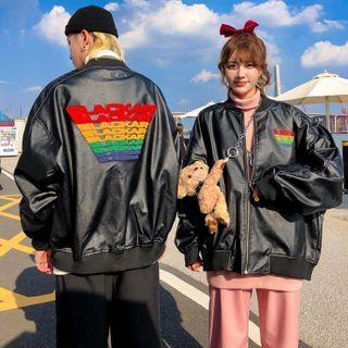 Lettering Applique Faux-leather Zip Jacket