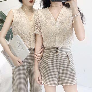 Lace Tank Top / Short-sleeve Blouse / Plaid Shorts / Cropped Pants